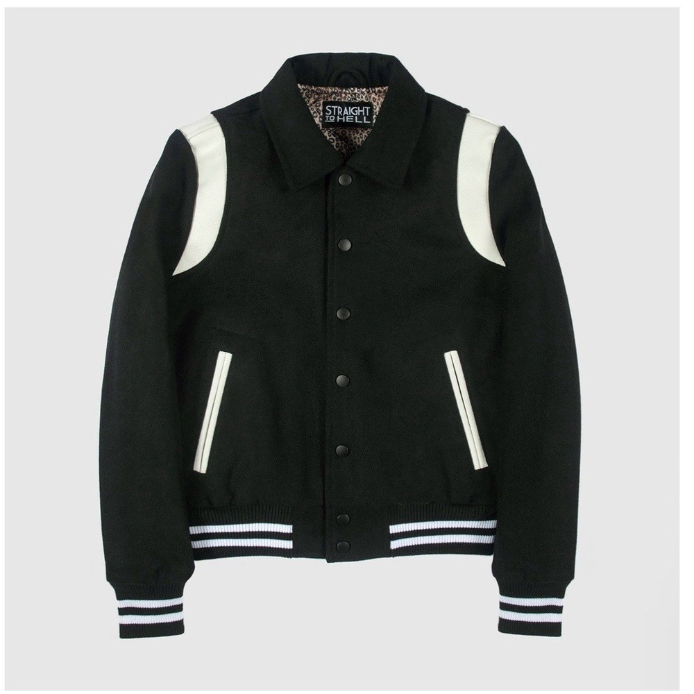 Straight to Hell sz S Ace Varsity Jacket Coat Wool Black Leopard Quilt Lined Zip